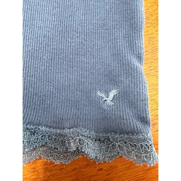 American Eagle Outfitters Gray Ribbed Lace Trim Tank Top Women L Large Logo - Picture 4 of 8